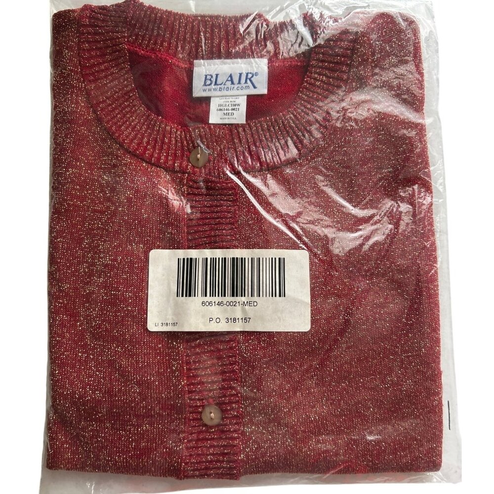 Blair Womens Red Glittery Button-Up Lightweight Cardigan Sweater Medium USA-Made